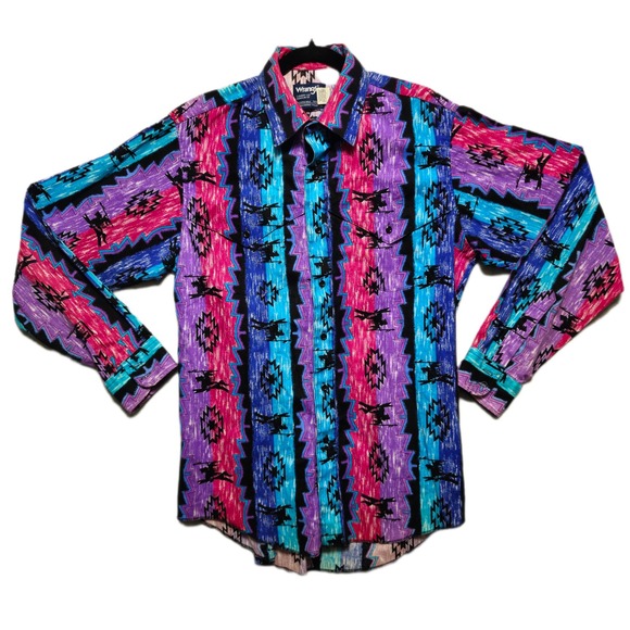 WRANGLER Mens Brushpopper Cowboy Cut Shirt 16.5 35 Aztec Rodeo Western Long Tail - Picture 1 of 9
